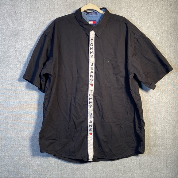 Rare Vintage 90s Tommy Jeans Men’s XXL Tape Logo Full Zip Up Short Sleeve Shirt - Picture 2 of 7